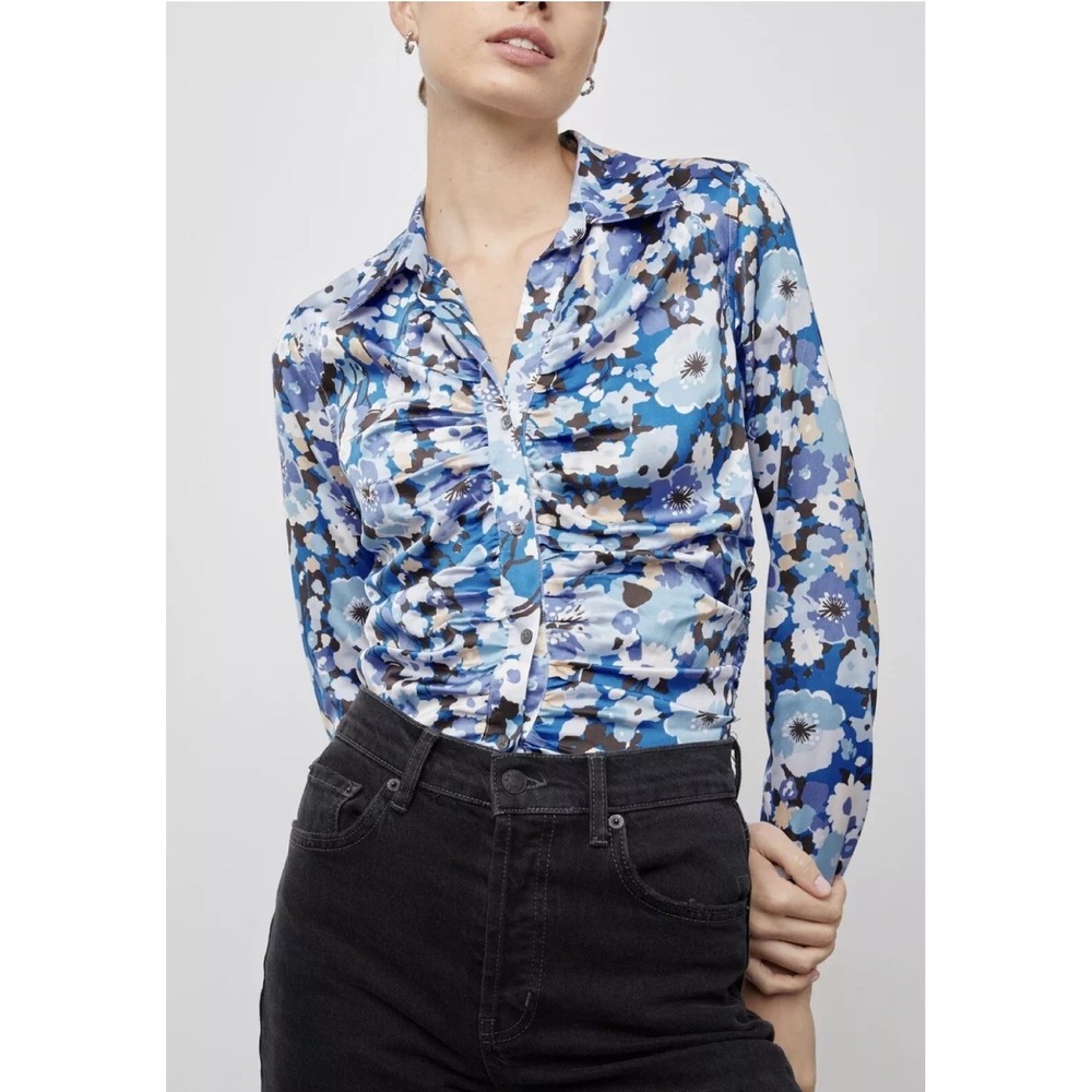 Rails shirt womens XS blue floral polyester spandex collared buttons $148 ladies